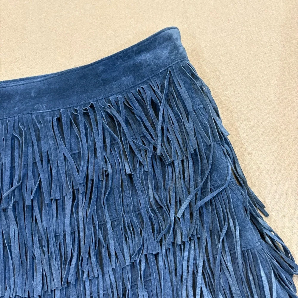 Michael Kors Leather Fringe Boho Mini Skirt Blue Size 2